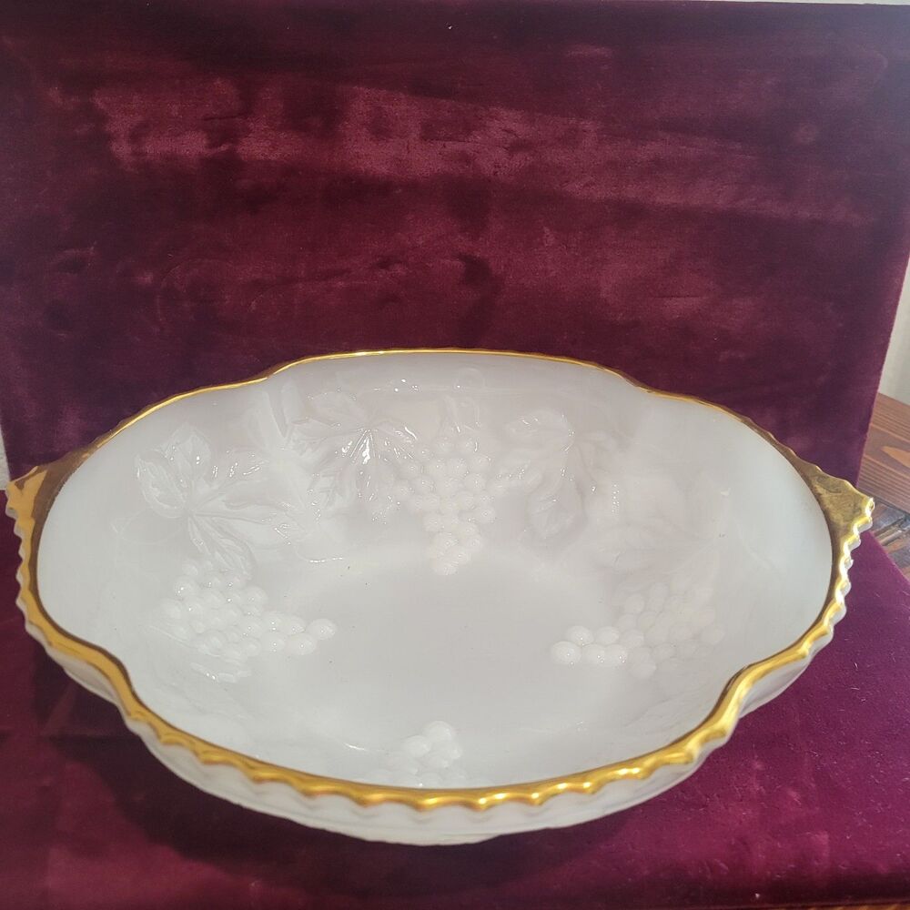 Vintage Anchor Hocking White Milk Glass Dish Bowl Embossed Grapes with Gold Trim